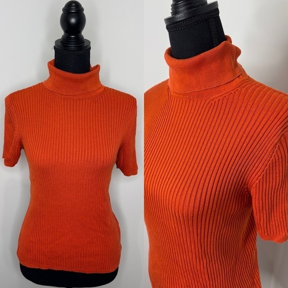 Liz Claiborne Burnt Orange 100% Silk Short Sleeve Turtleneck Ribbed Top (M) - Picture 1 of 5